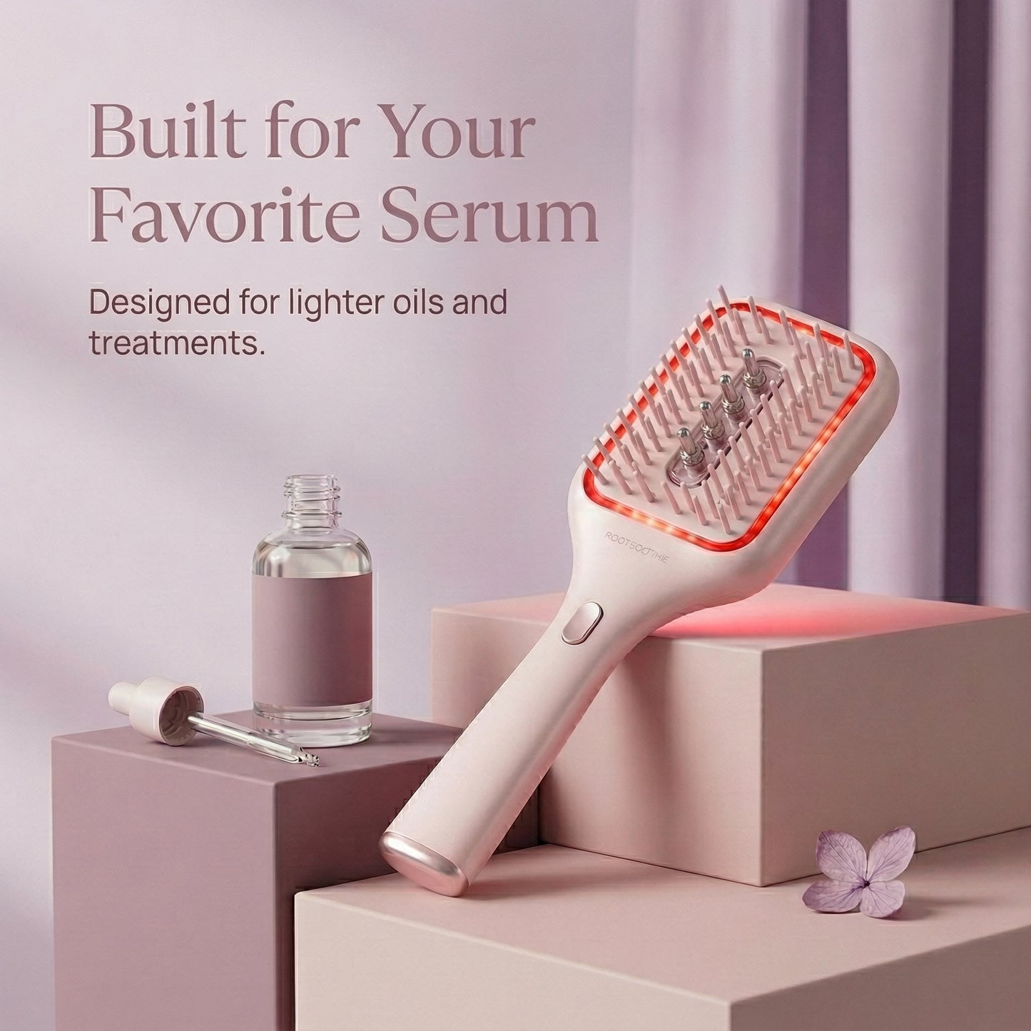 Hairbrush with bottle of serum on a pink platform against a light purple background