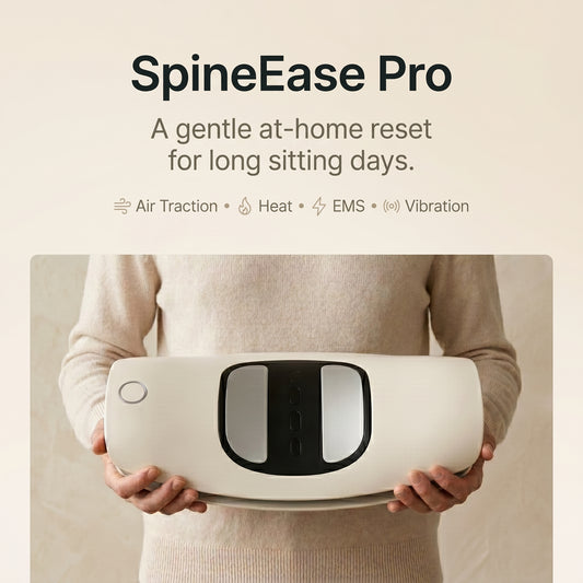 Person holding a SpineEase Pro device with text about its features on a beige background