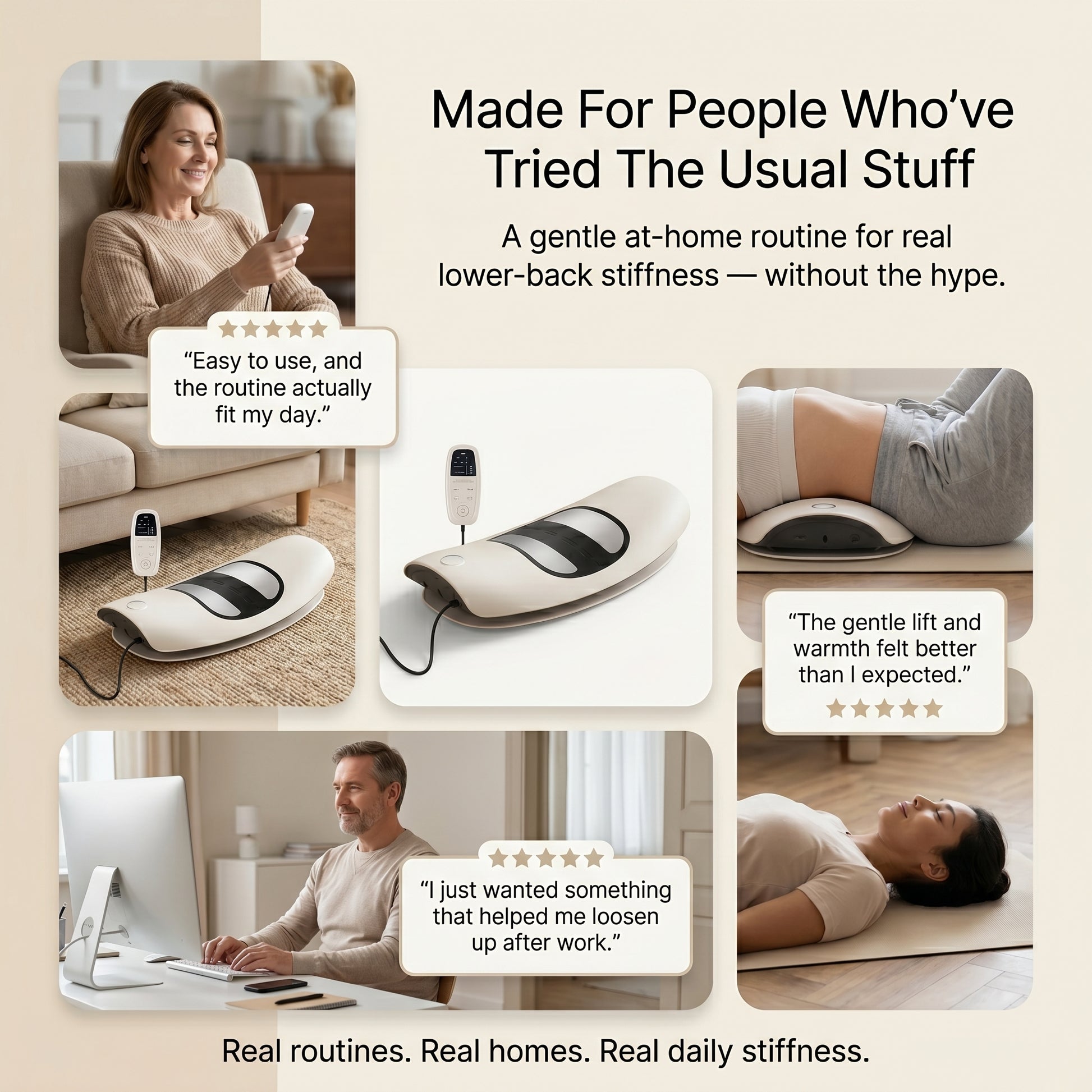 Product advertisement for a home use device with user testimonials and lifestyle images.