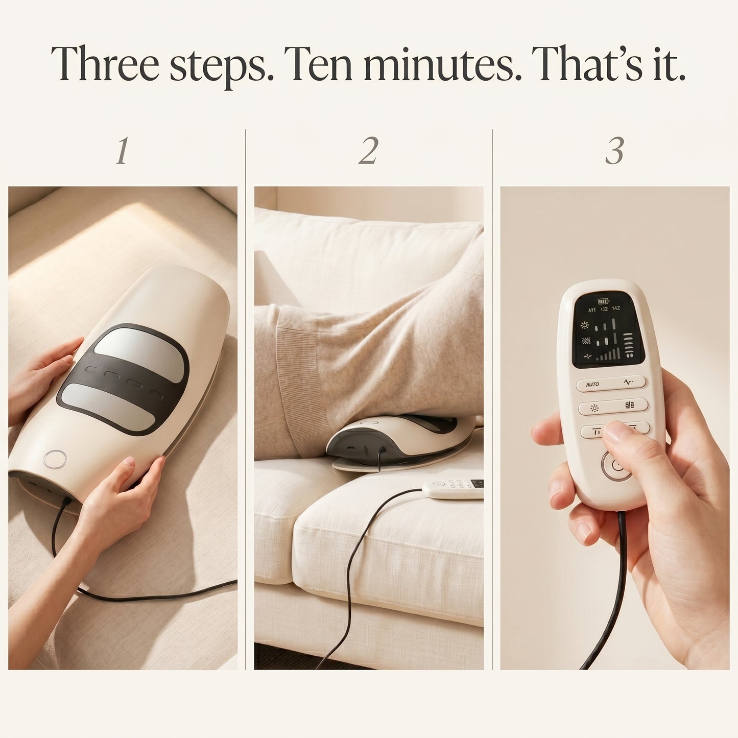 Step-by-step guide on using a handheld electronic device with text 'Three steps. Ten minutes. That's it.'